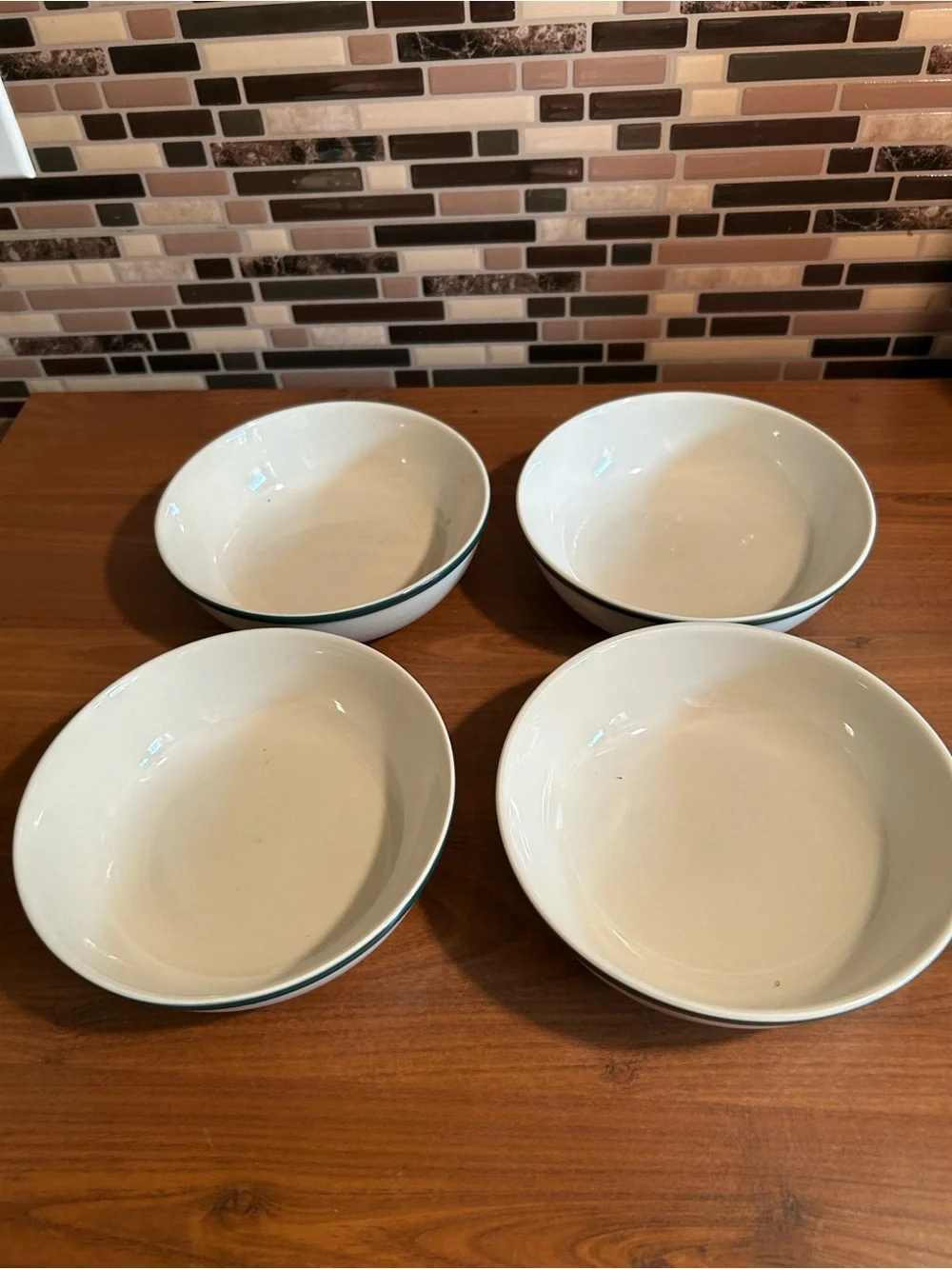 White Ceramic Cereal Bowls with Green Rim - Apple Set of 4